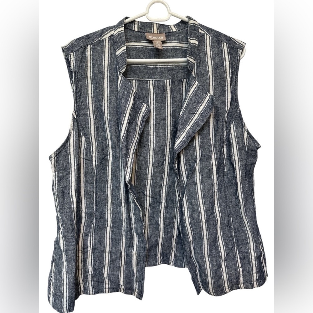 Chicos 3 Lavish Linen Striped Vest Size XL / 16 Blue White Sleeveless NWOT